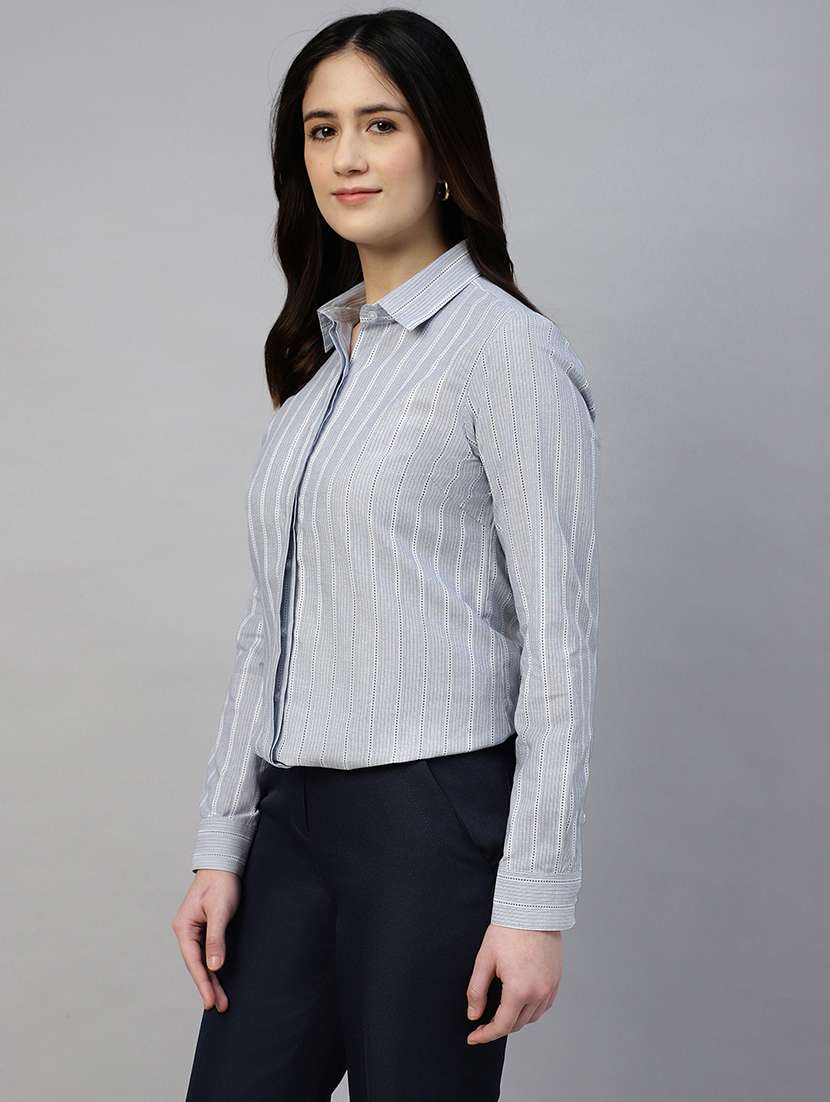 women striped collared long sleeve shirt - 22038777 - Standard Image - 1