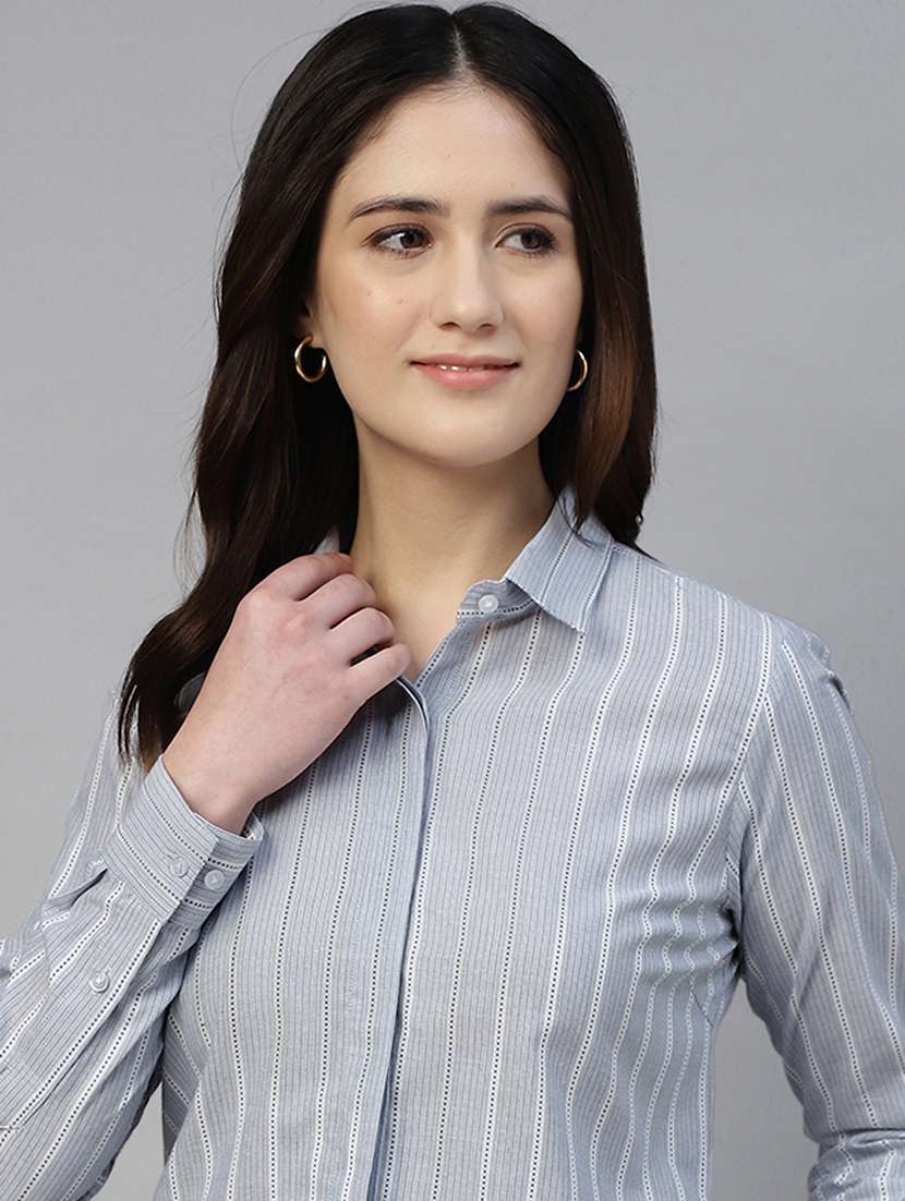 women striped collared long sleeve shirt - 22038777 - Standard Image - 4