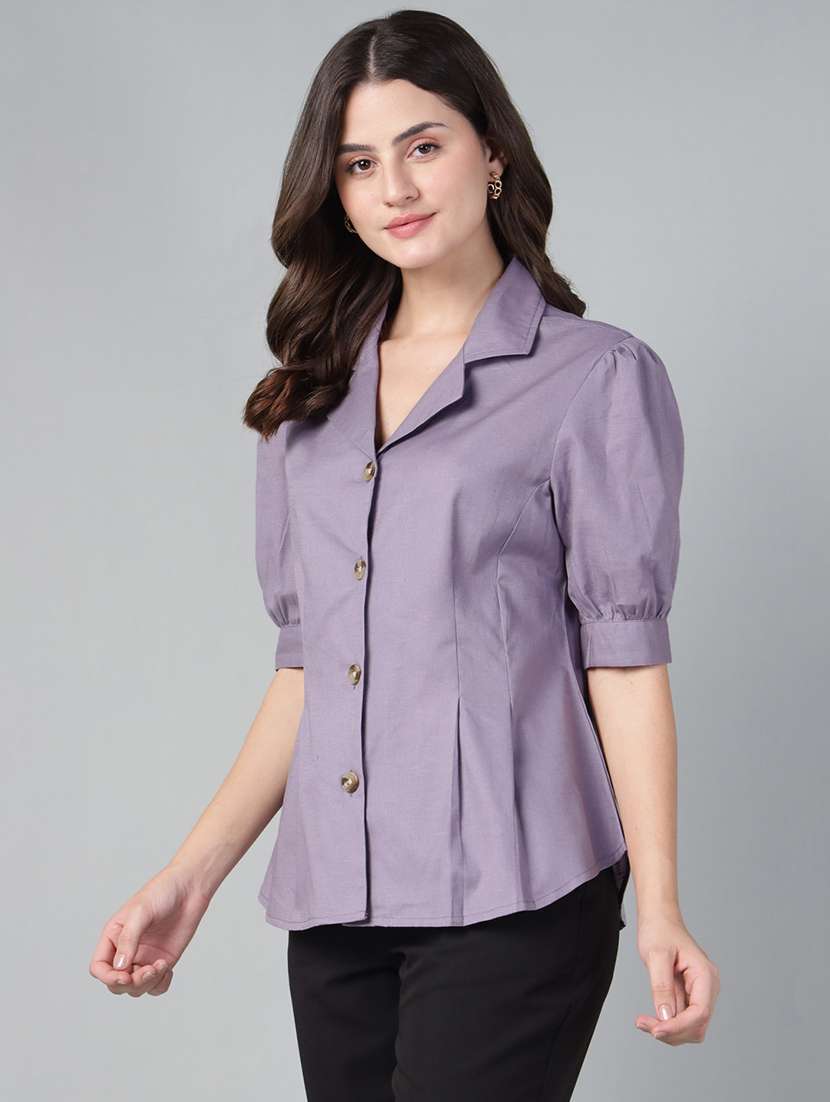 women solid lapel collar puff sleeve shirt - 22038793 -  Standard Image - 1