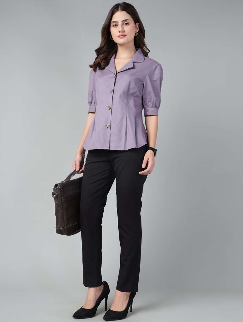 women solid lapel collar puff sleeve shirt - 22038793 -  Standard Image - 4