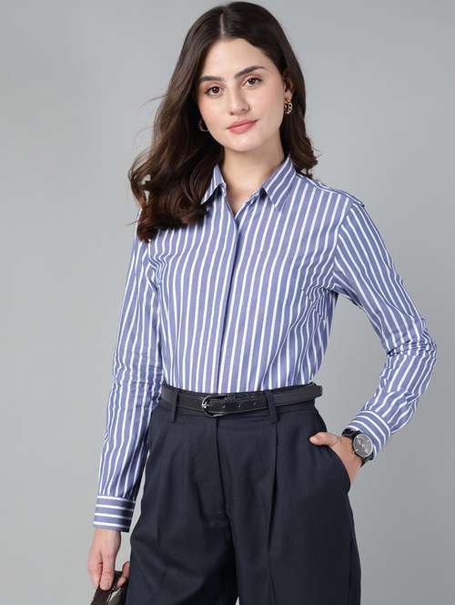 women striped collared long sleeve shirt - 22038794 -  Standard Image - 0