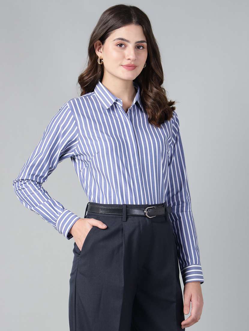 women striped collared long sleeve shirt - 22038794 - Standard Image - 1