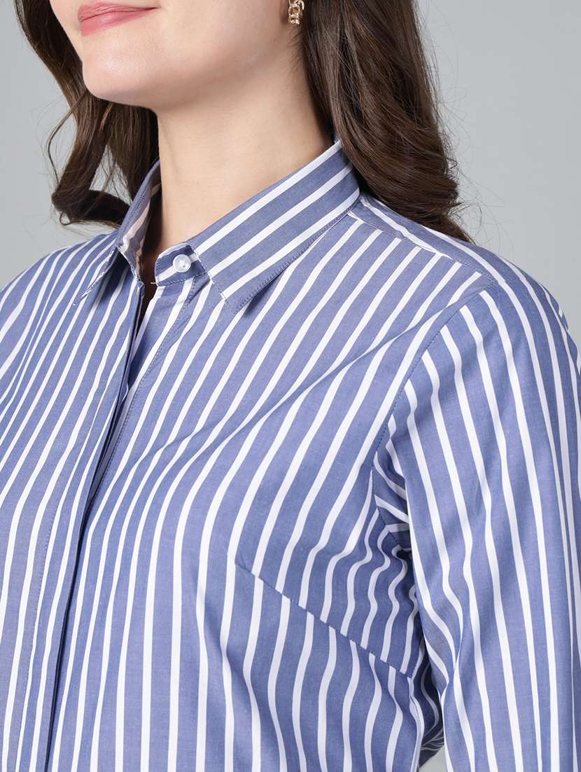 women striped collared long sleeve shirt - 22038794 - Standard Image - 4