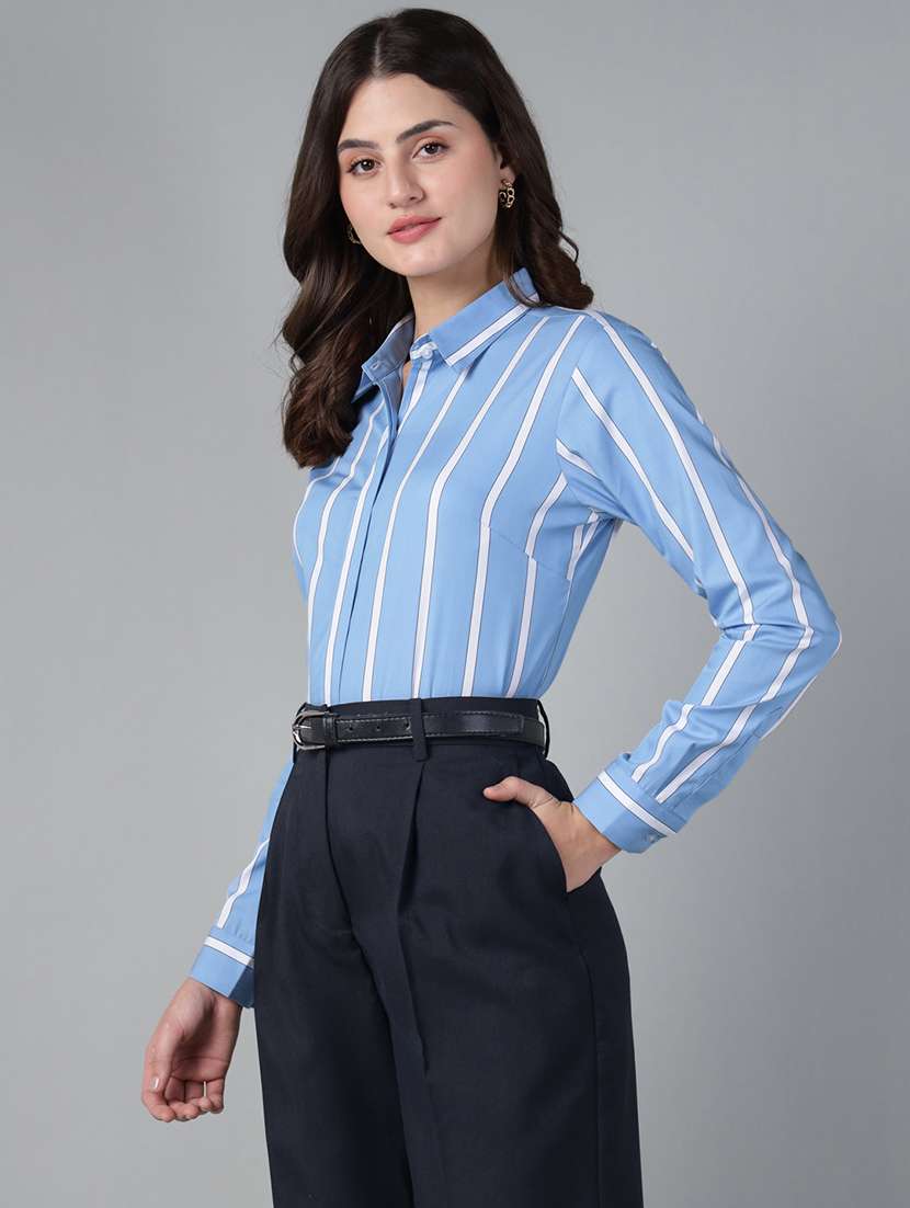 women striped collared long sleeve shirt - 22038796 -  Standard Image - 1