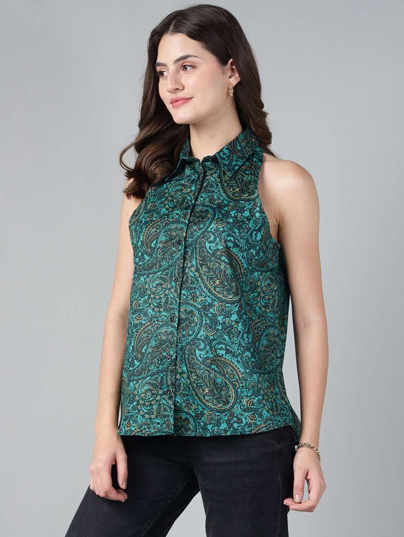 women printed collared sleeveless regular fit shirt - 22038797 -  Standard Image - 1