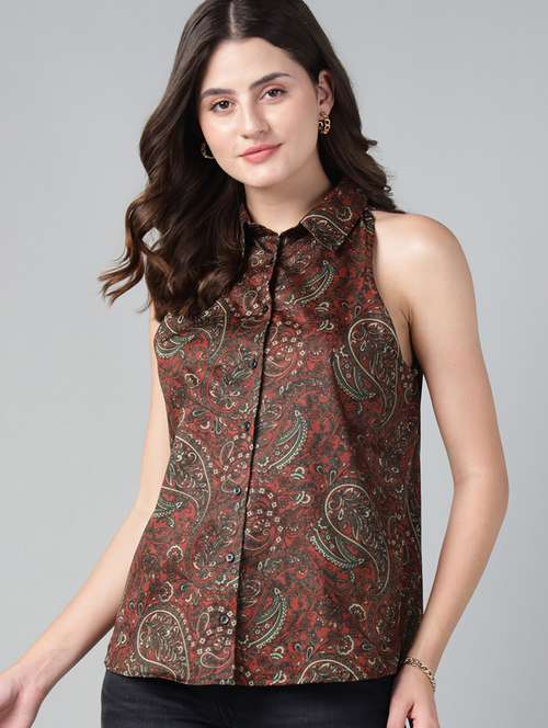 women printed collared sleeveless regular fit shirt - 22038798 - Standard Image - 0