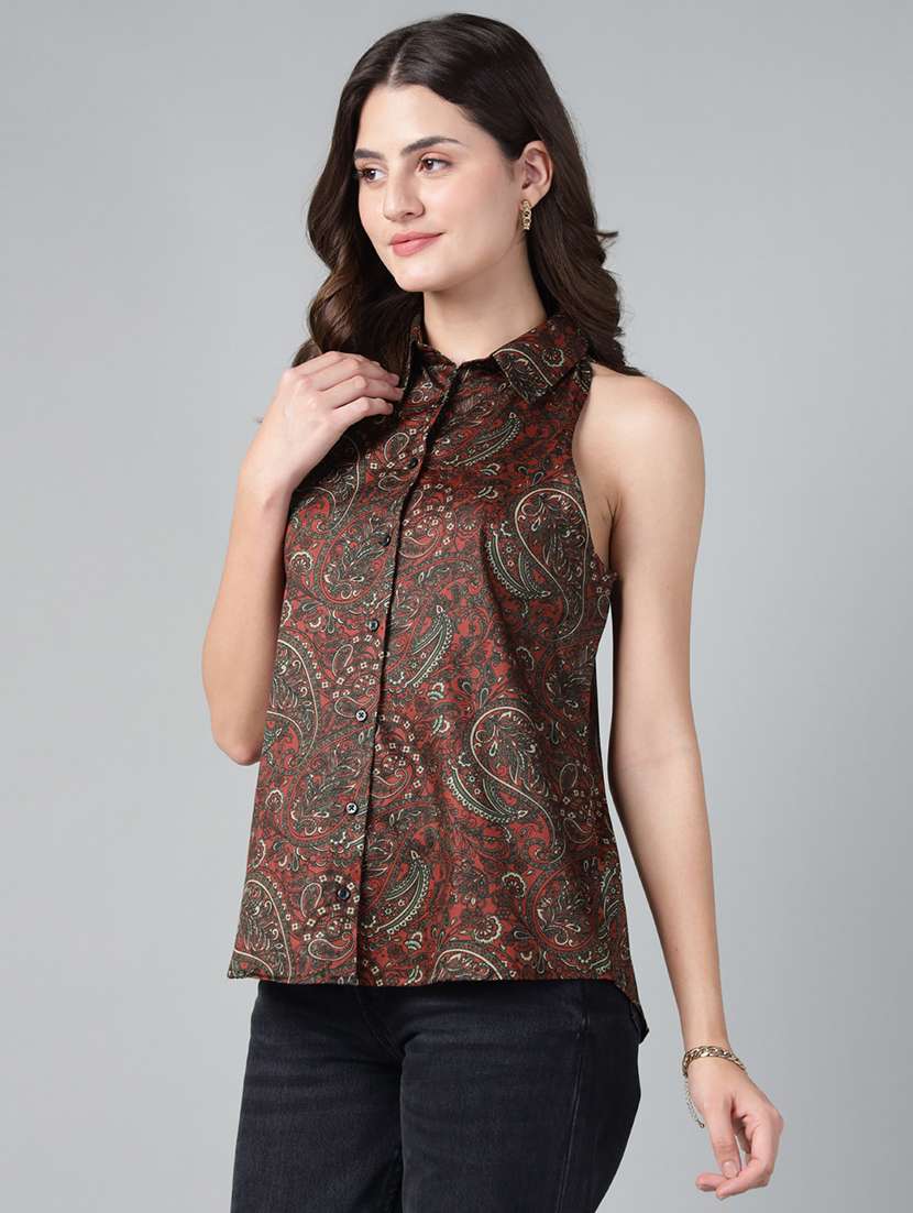 women printed collared sleeveless regular fit shirt - 22038798 - Standard Image - 1