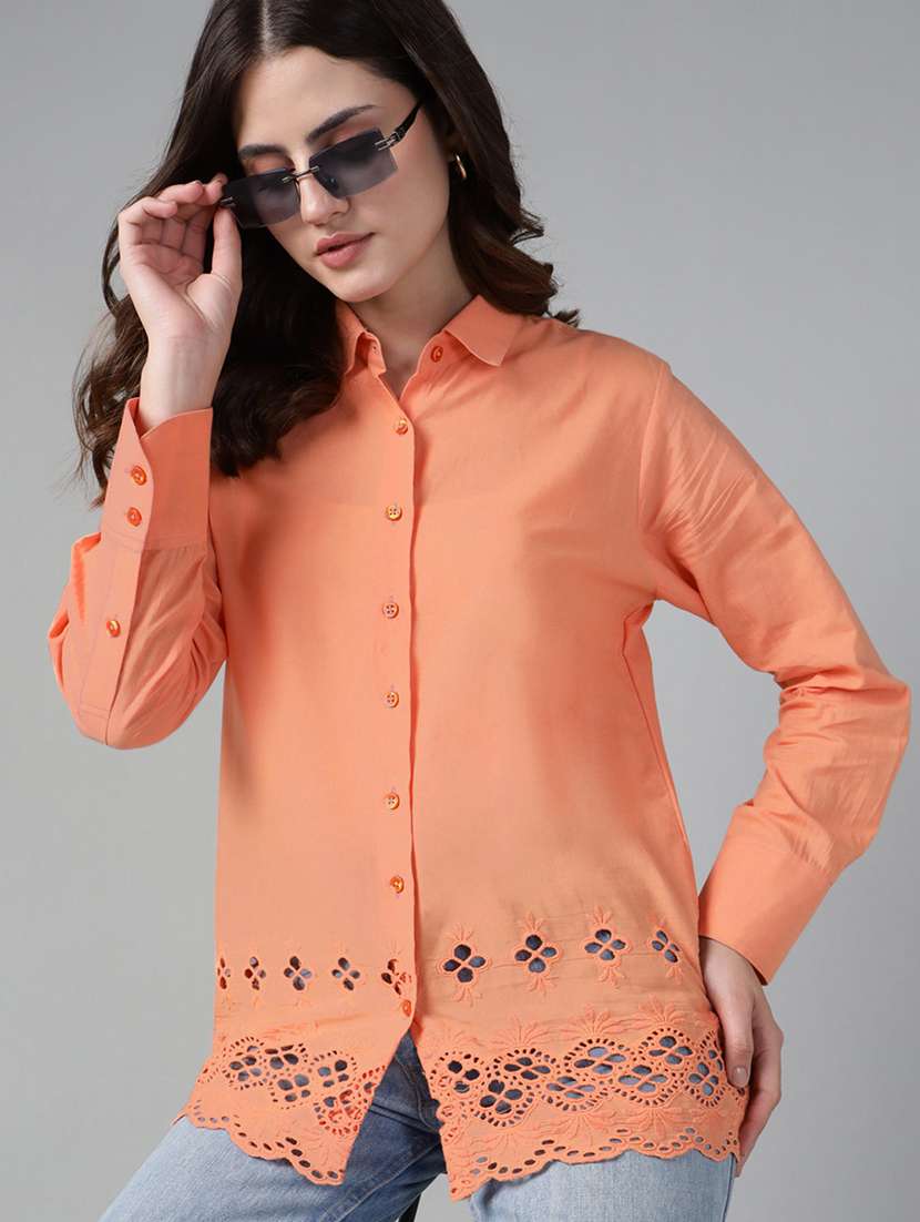 women solid collared long sleeve schiffli shirt