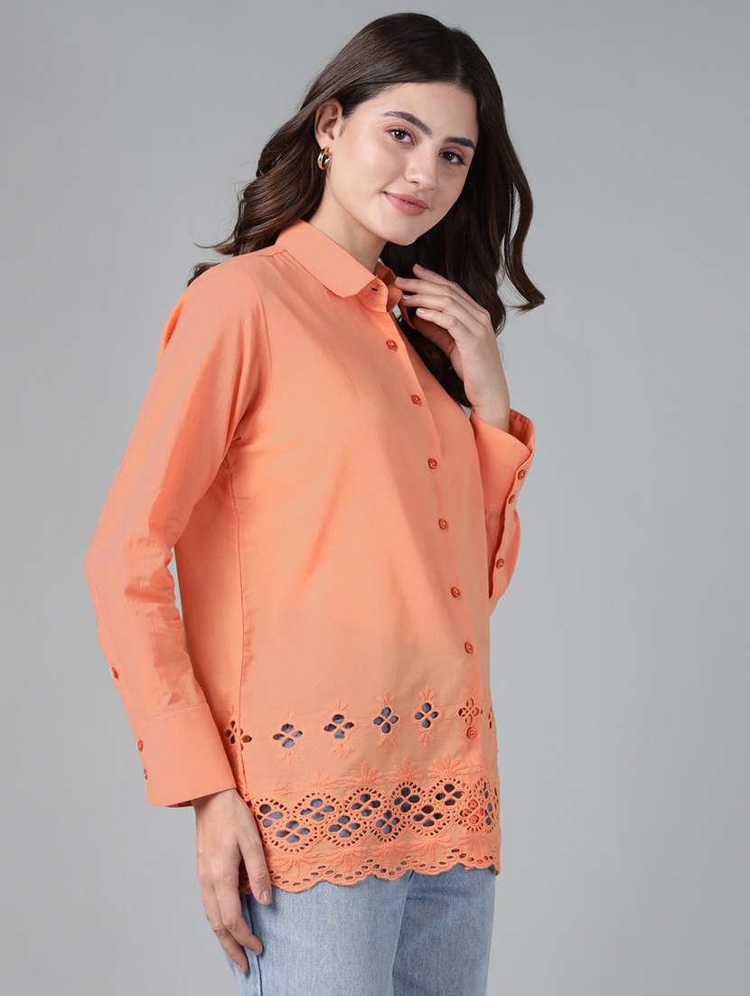 women solid collared long sleeve schiffli shirt - 22038800 -  Standard Image - 1