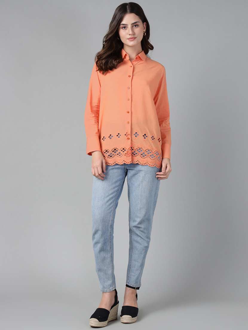 women solid collared long sleeve schiffli shirt - 22038800 - Standard Image - 4
