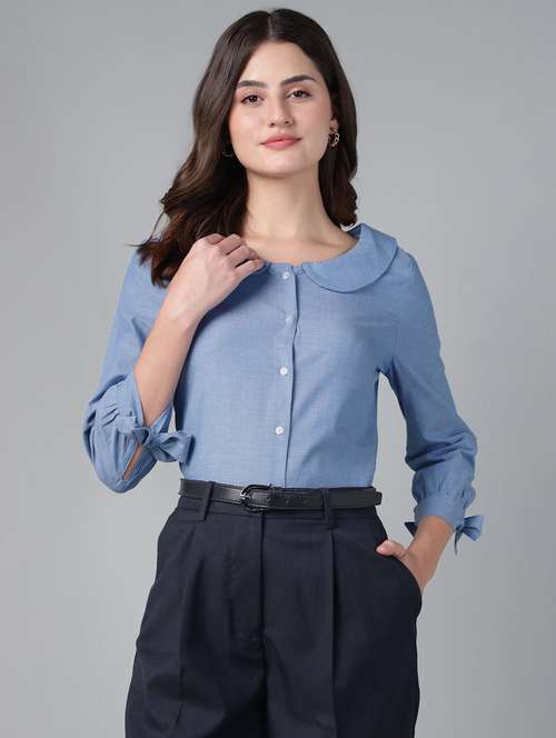 women solid peter pan collar regular fit shirt - 22038807 - Standard Image - 0