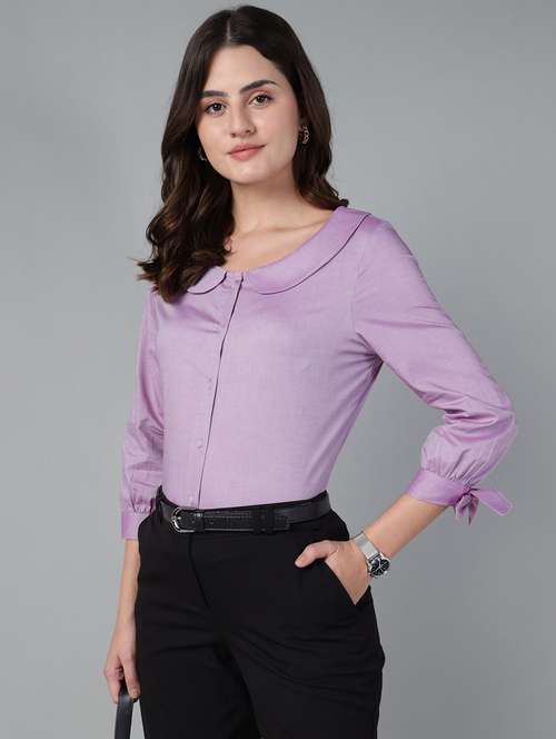 women solid peter pan collar three quarter sleeve shirt - 22038808 -  Standard Image - 0