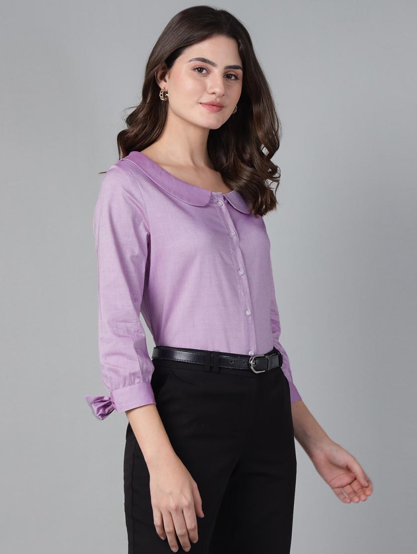 women solid peter pan collar three quarter sleeve shirt - 22038808 -  Standard Image - 1