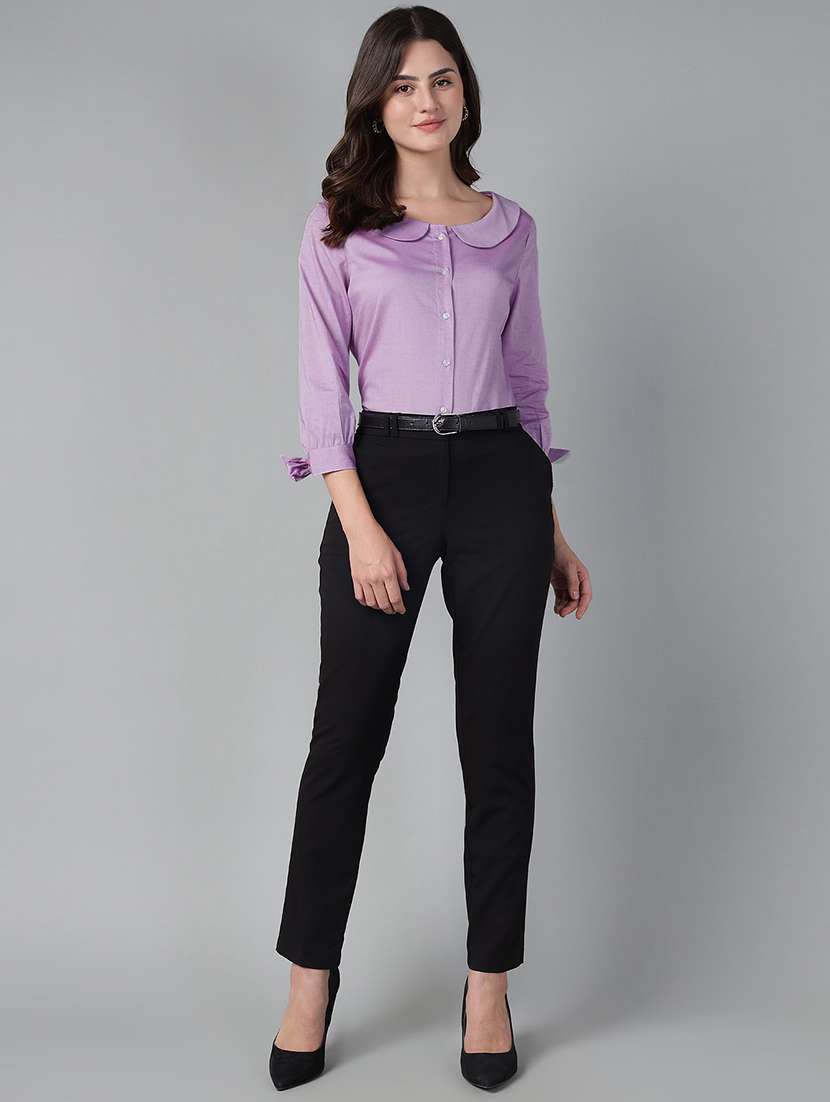 women solid peter pan collar three quarter sleeve shirt - 22038808 - Standard Image - 4