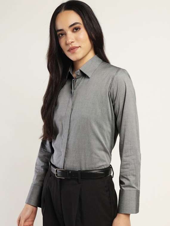 women solid collared long sleeve shirt