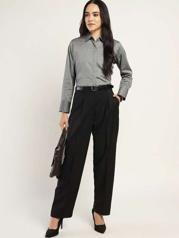 women solid collared long sleeve shirt - 22038811 -  Standard Image - 4