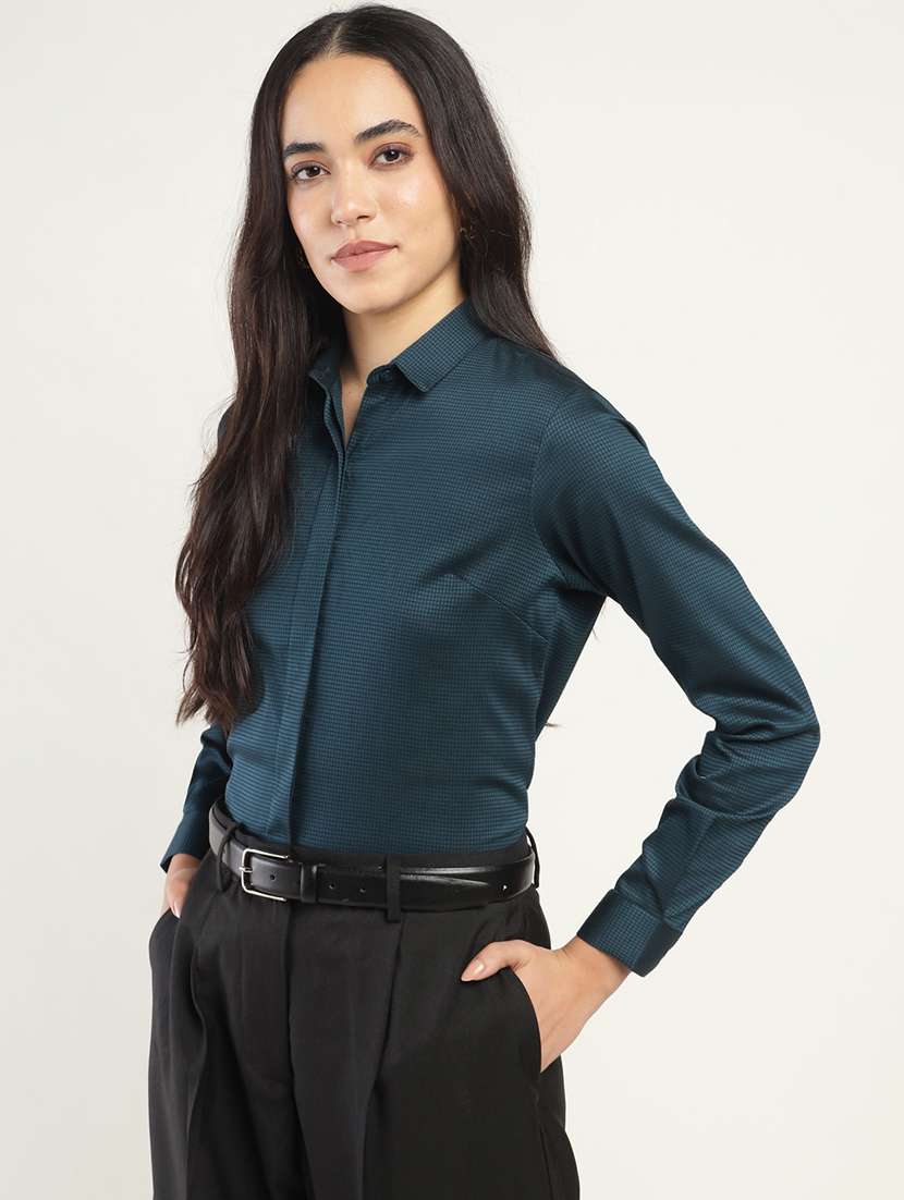 women solid collared long sleeve shirt - 22038814 -  Standard Image - 1