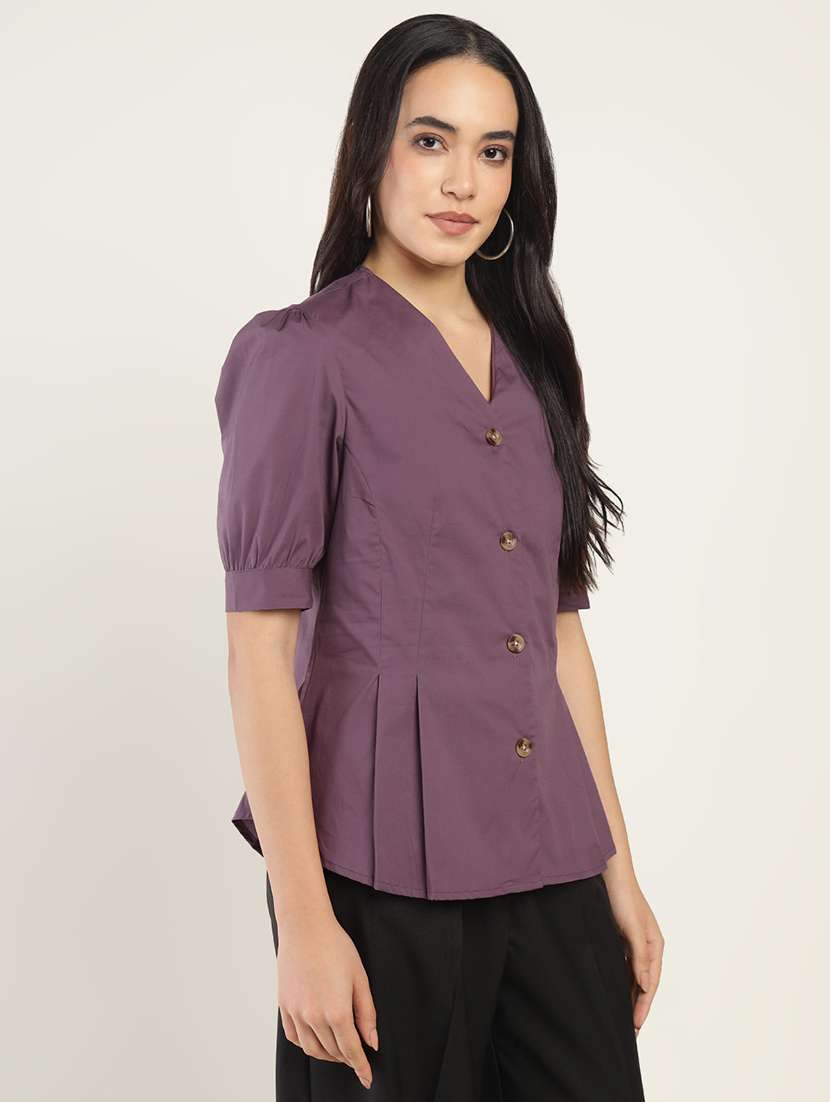 women solid puff sleeve regular fit shirt - 22038816 -  Standard Image - 1