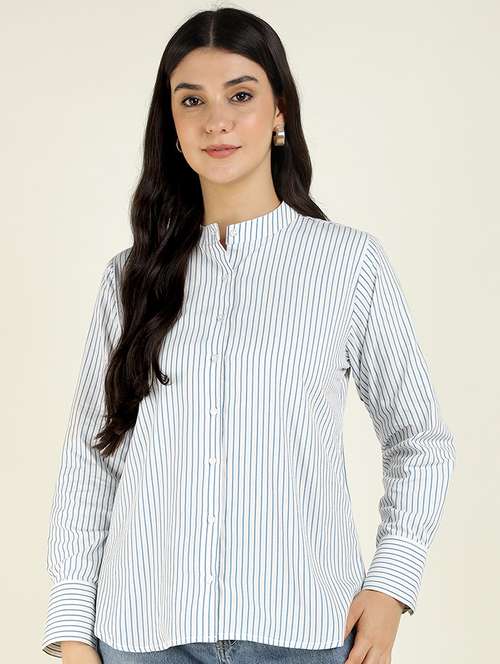 women striped mandarin collared long sleeve shirt - 22038821 - Standard Image - 0