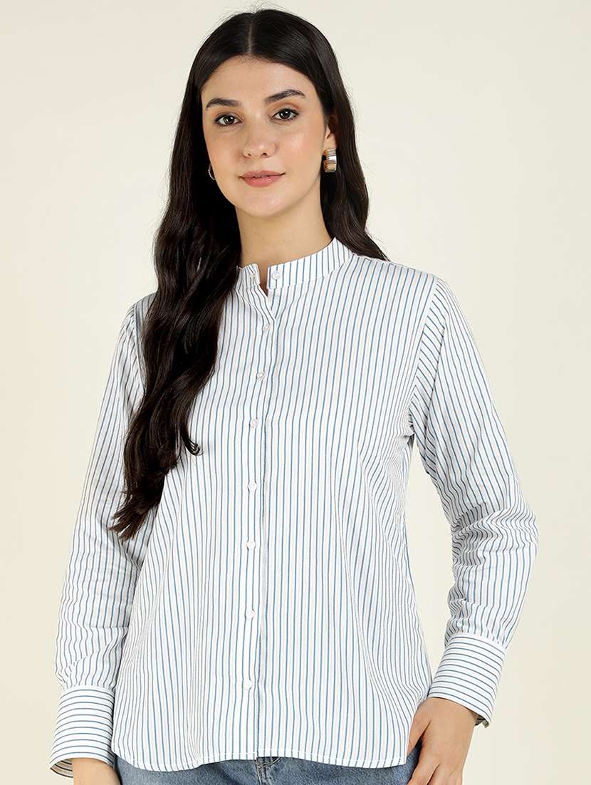 women striped mandarin collared long sleeve shirt - 22038821 - Zoom Image - 0