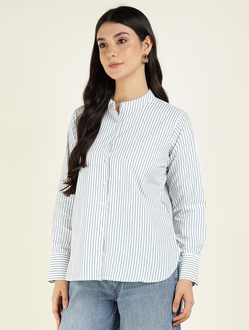 women striped mandarin collared long sleeve shirt - 22038821 - Standard Image - 1