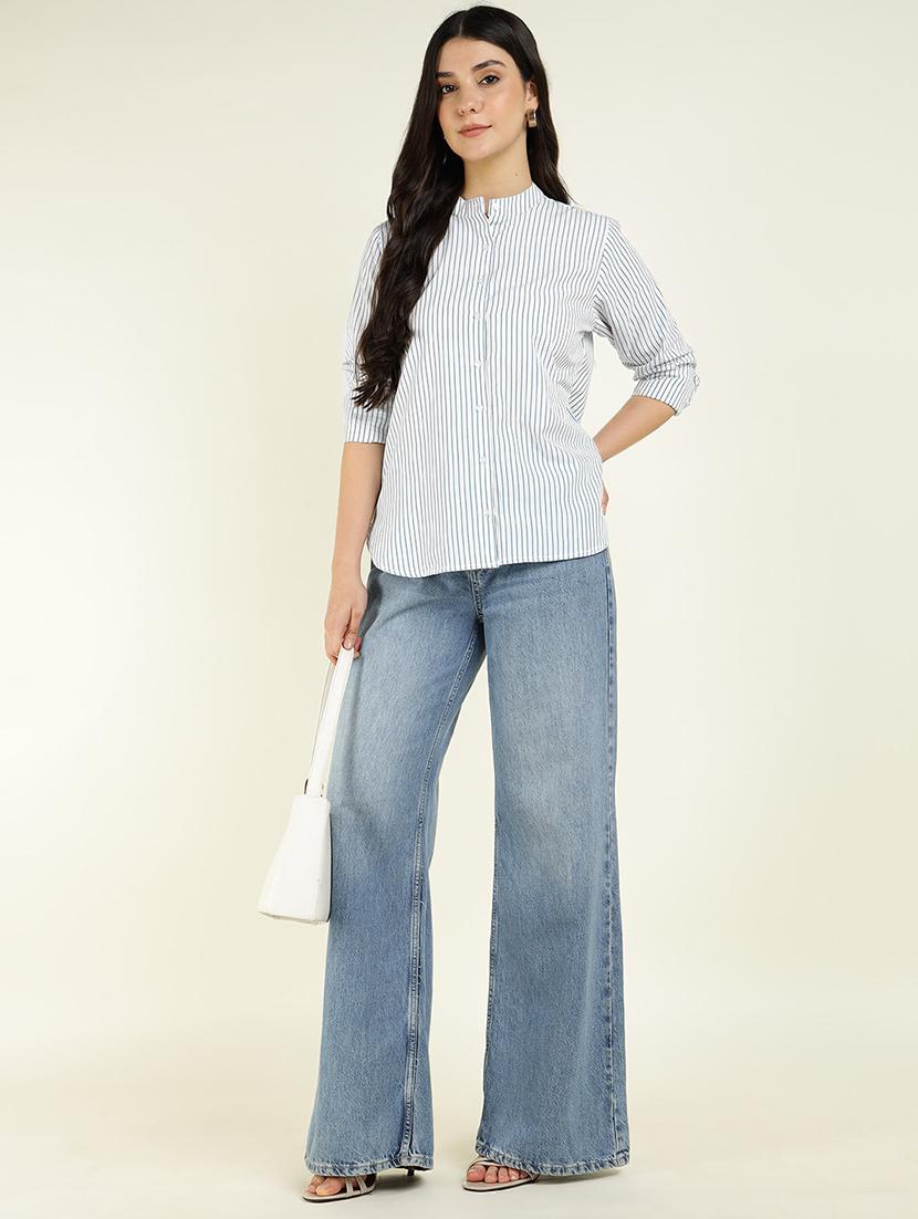 women striped mandarin collared long sleeve shirt - 22038821 - Standard Image - 4