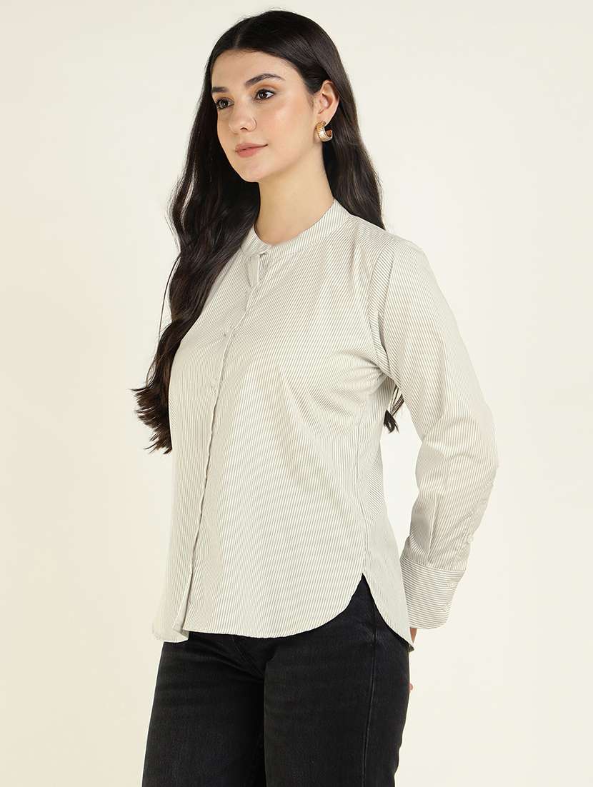 women striped mandarin collared long sleeve shirt - 22038822 -  Standard Image - 1