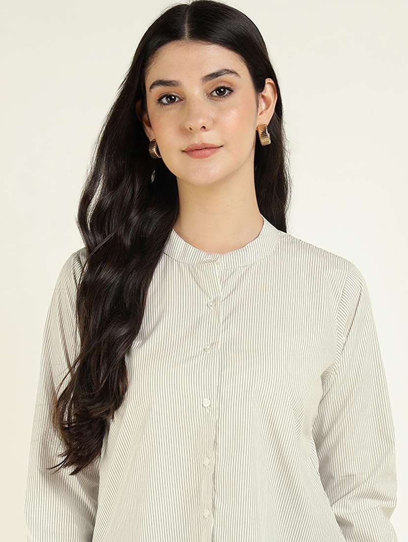 women striped mandarin collared long sleeve shirt - 22038822 -  Standard Image - 4