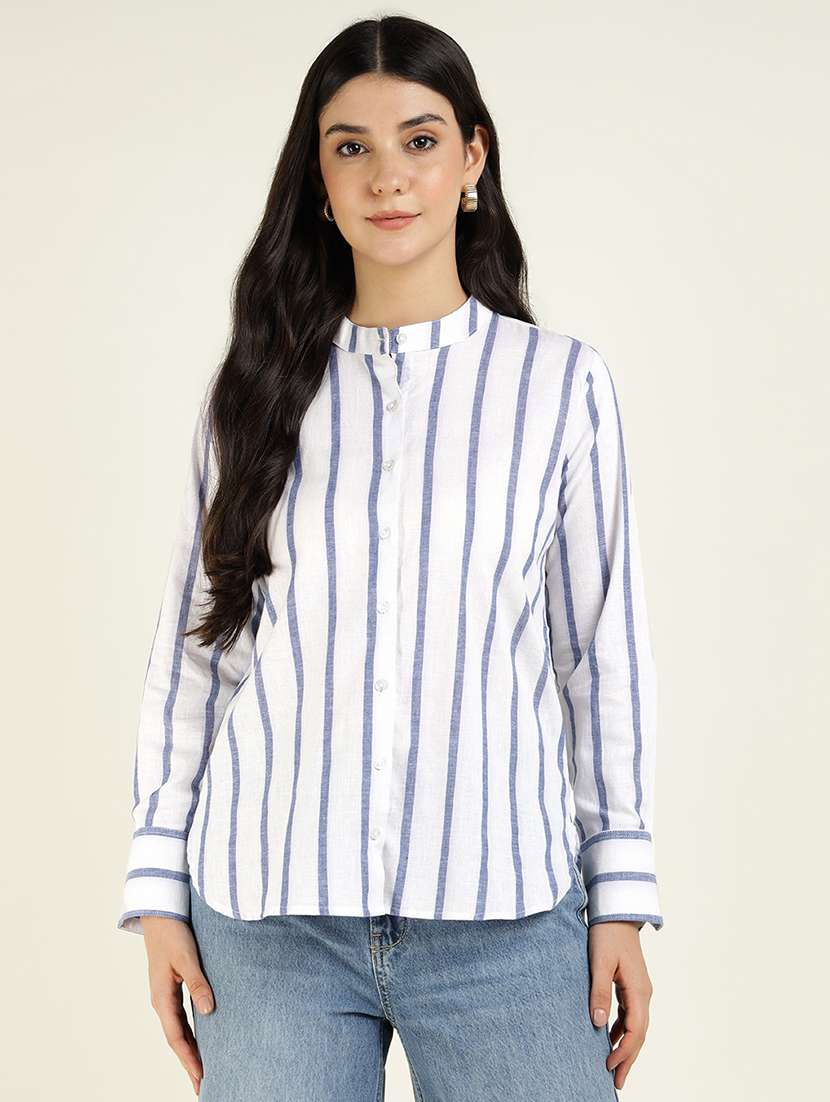 women mandarin collared long sleeve regular fit shirt - 22038823 - Zoom Image - 0
