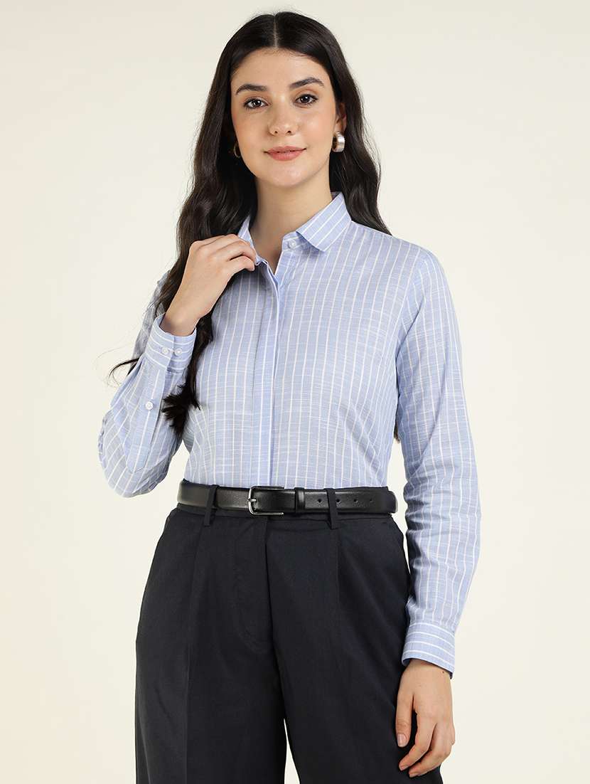 women striped collared long sleeve shirt