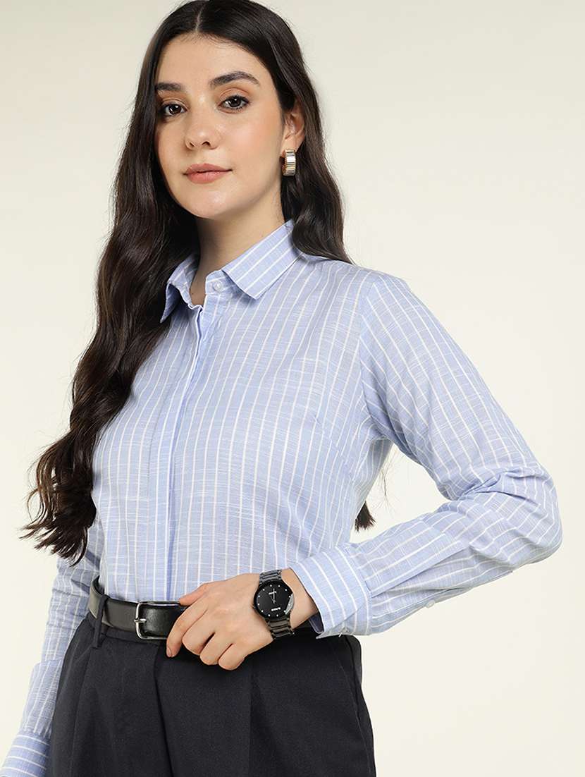 women striped collared long sleeve shirt - 22038824 -  Standard Image - 1