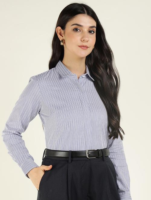 women striped collared long sleeve shirt - 22038829 -  Standard Image - 0