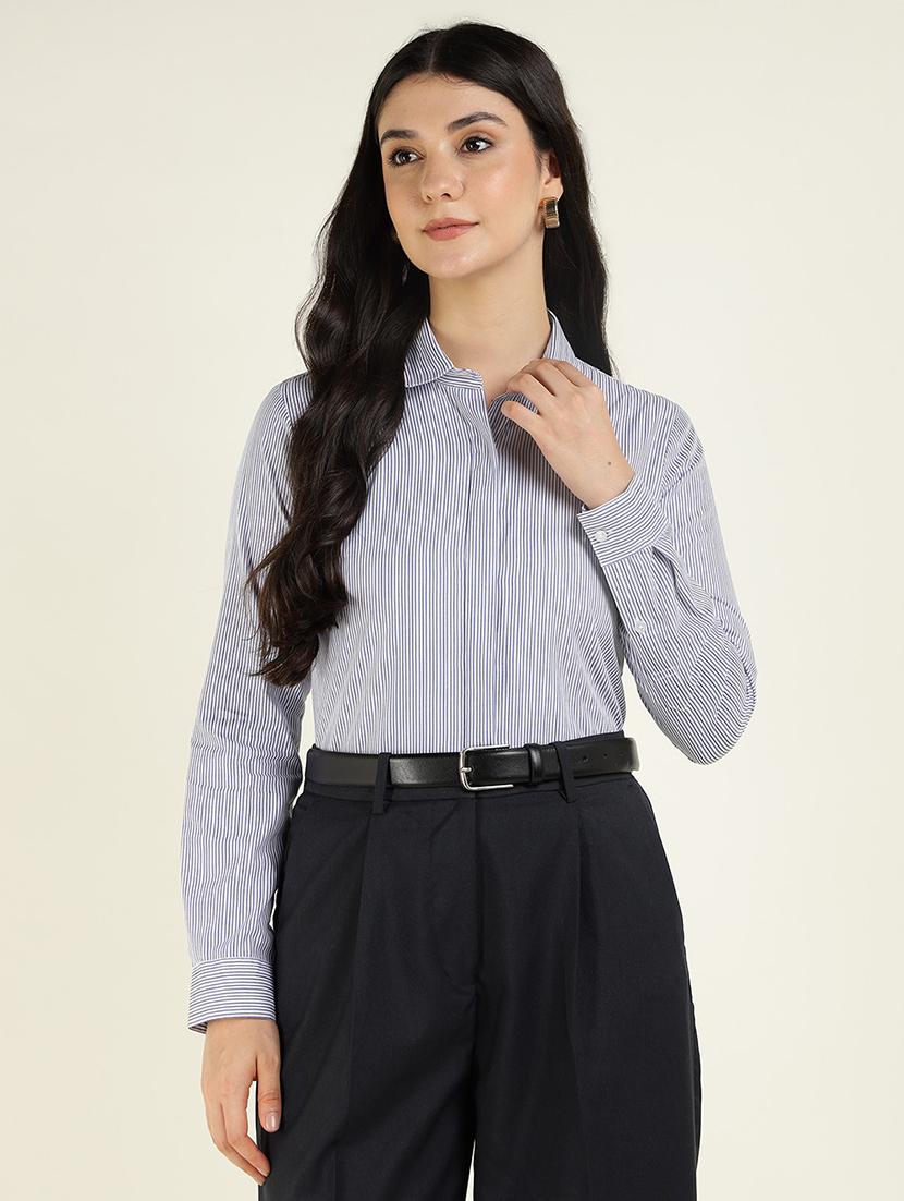 women striped collared long sleeve shirt - 22038829 -  Standard Image - 1