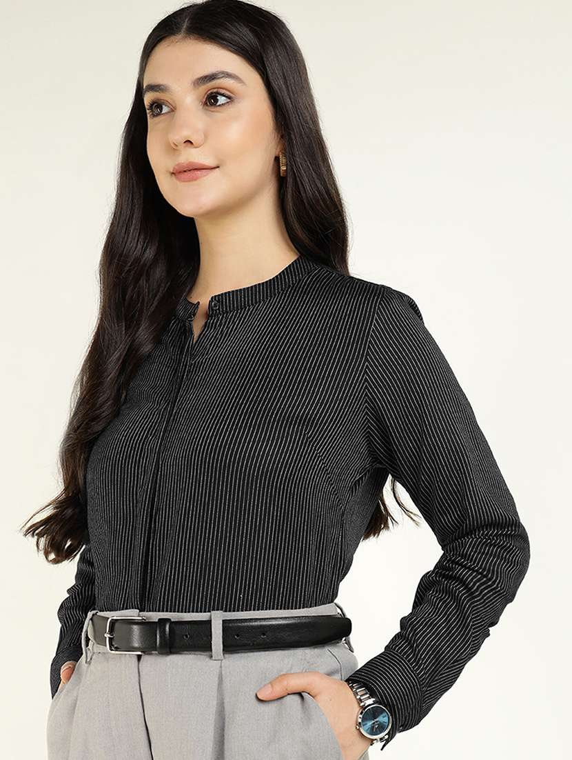 women striped mandarin collared long sleeve shirt