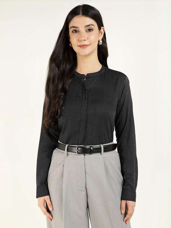 women striped mandarin collared long sleeve shirt - 22038834 -  Standard Image - 1