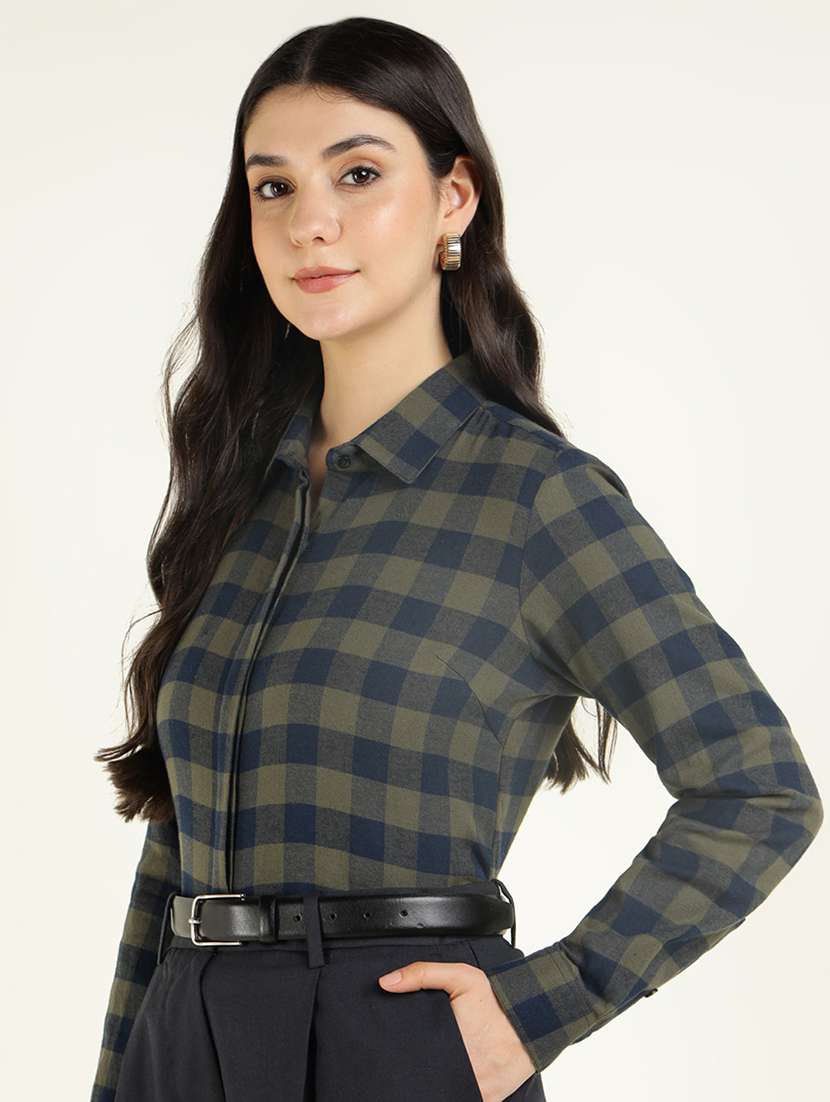 women checkered collared long sleeves shirt - 22038839 -  Standard Image - 1