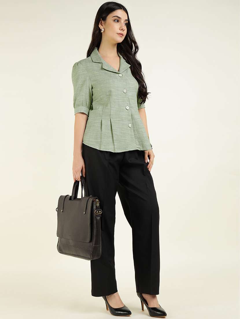 women solid lapel collar regular fit shirt - 22038840 - Standard Image - 4