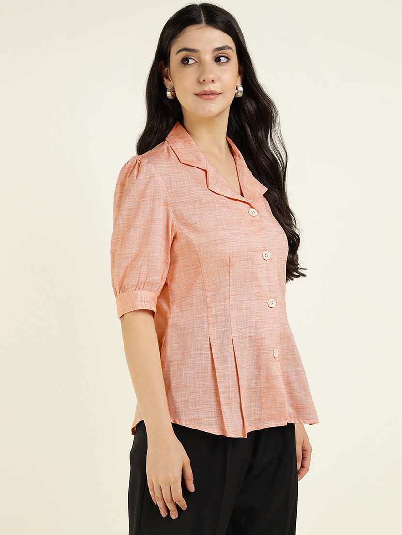 women solid lapel collar puff sleeve shirt - 22038841 - Standard Image - 1