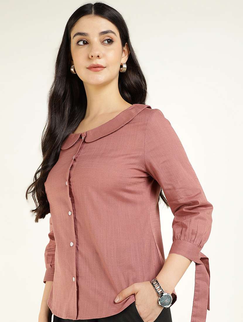 women solid peter pan collar three quarter sleeve shirt - 22038842 -  Standard Image - 1
