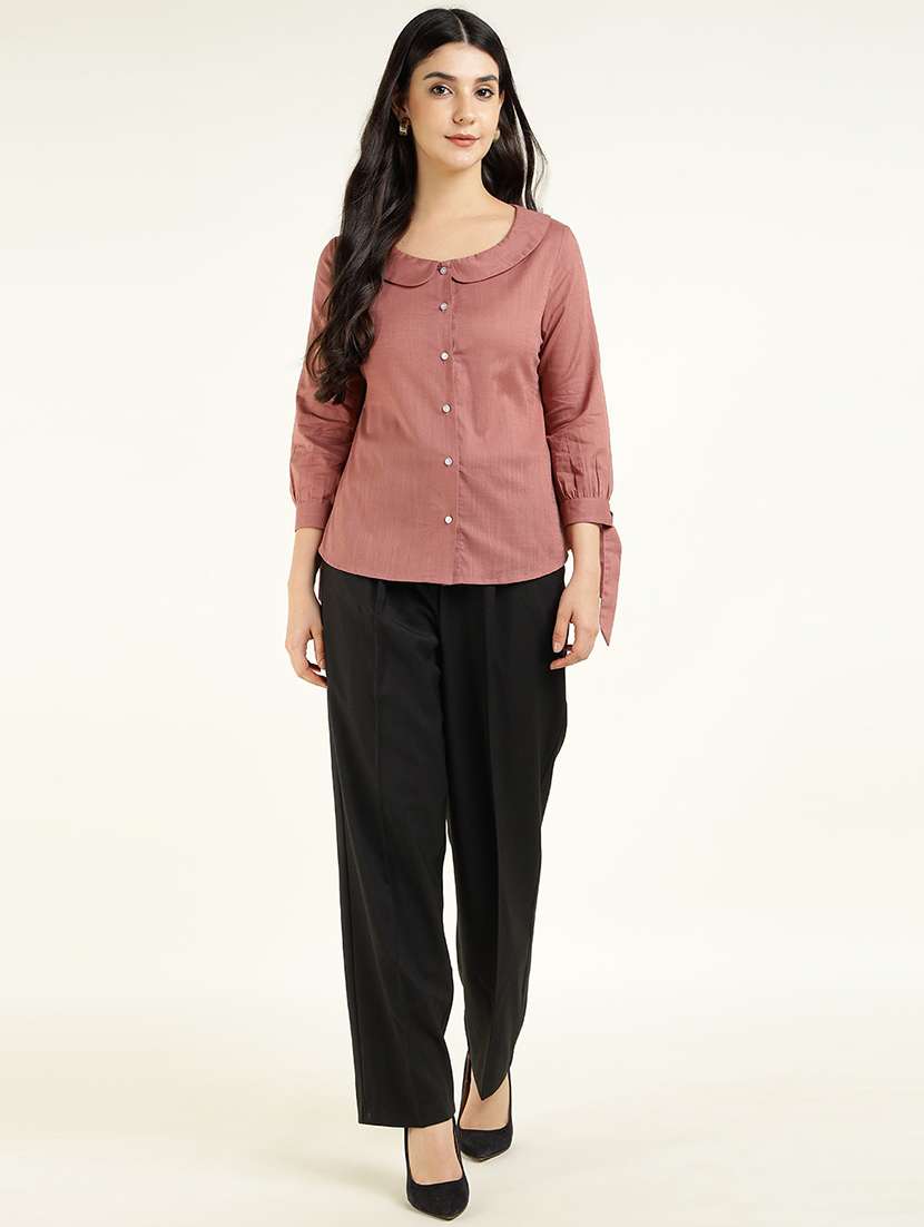 women solid peter pan collar three quarter sleeve shirt - 22038842 -  Standard Image - 4