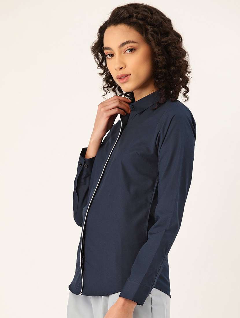 women solid collared long sleeve shirt - 22038844 -  Standard Image - 1