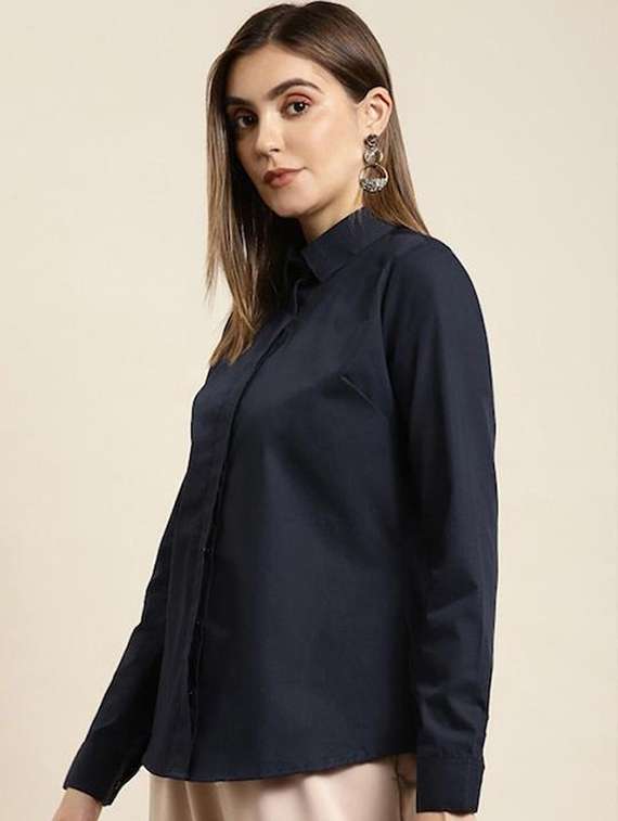 women solid collared long sleeve shirt - 22038853 -  Standard Image - 1