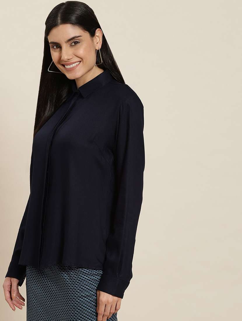women solid collared long sleeve shirt - 22038854 -  Standard Image - 1
