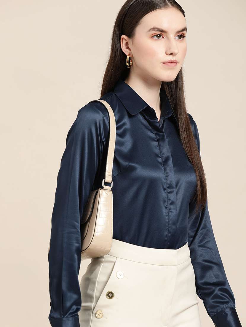 women solid collared long sleeve shirt - 22038856 -  Standard Image - 1