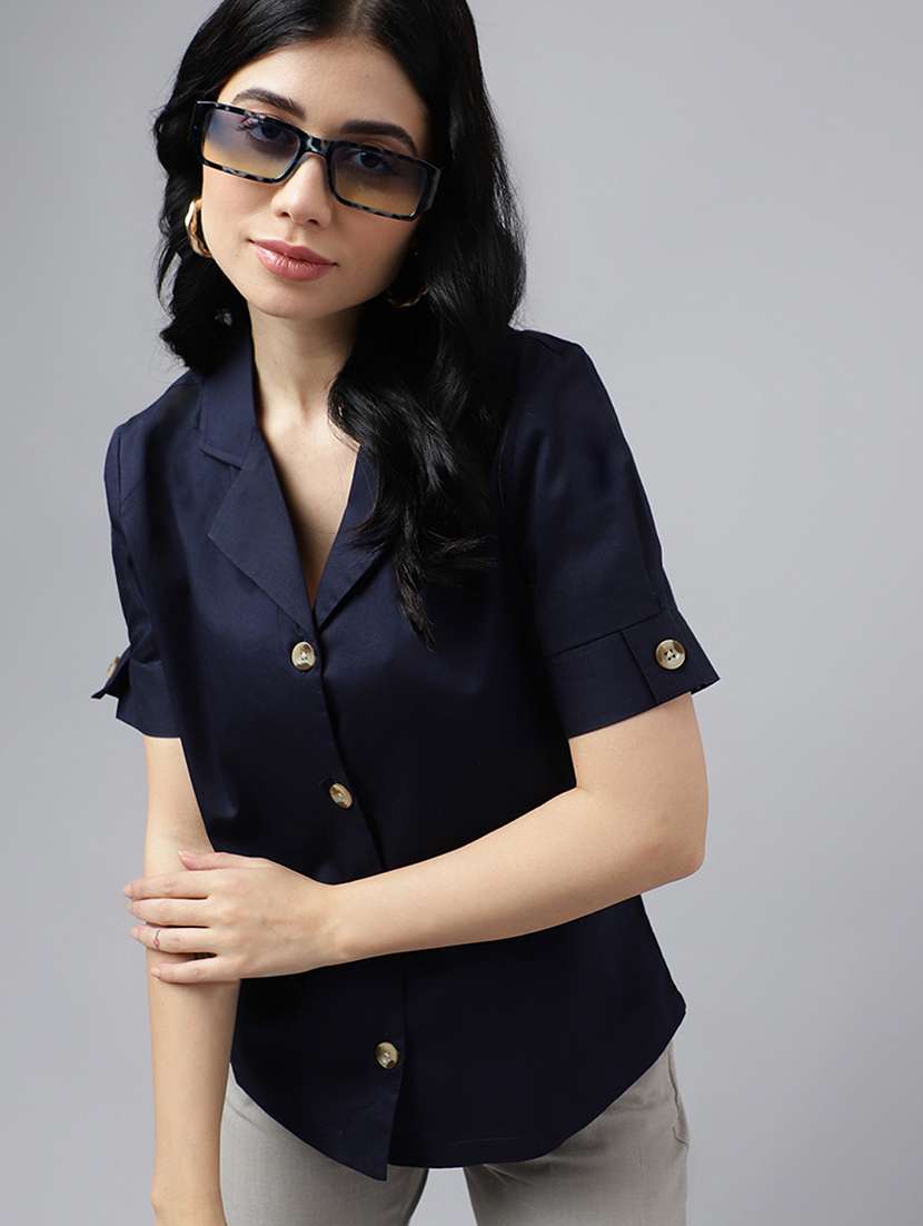 women solid lapel collar short sleeve shirt