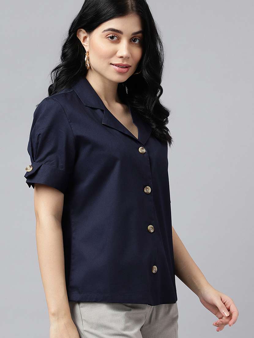 women solid lapel collar short sleeve shirt - 22038859 -  Standard Image - 1