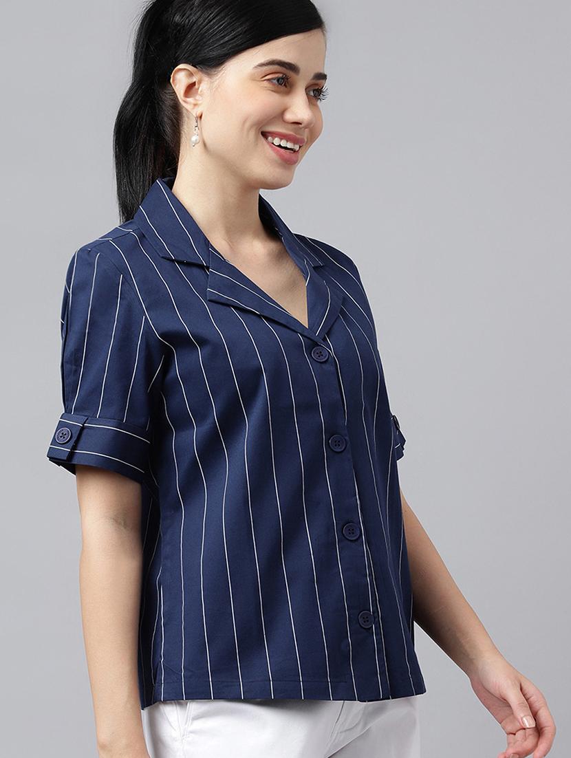 women striped lapel collar regular fit shirt - 22038860 - Standard Image - 1