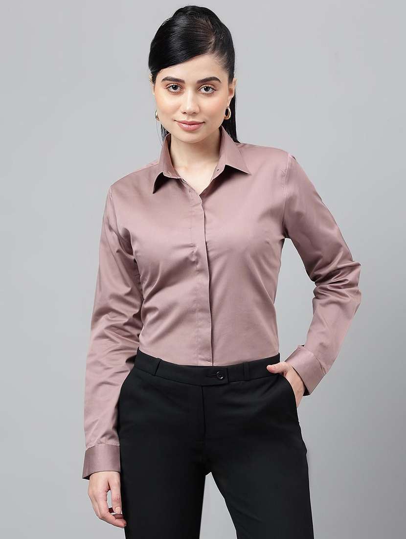 women solid collared long sleeve shirt