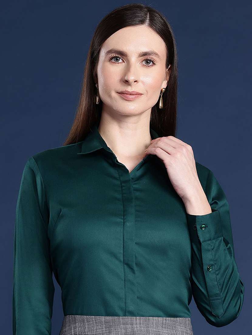 women solid collared long sleeve shirt