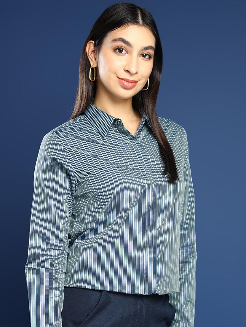 women striped collared long sleeve shirt - 22038869 -  Zoom Image - 0